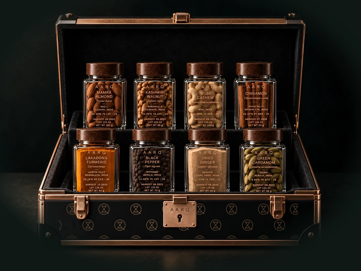 The AARQ case, open, with eight glass jars