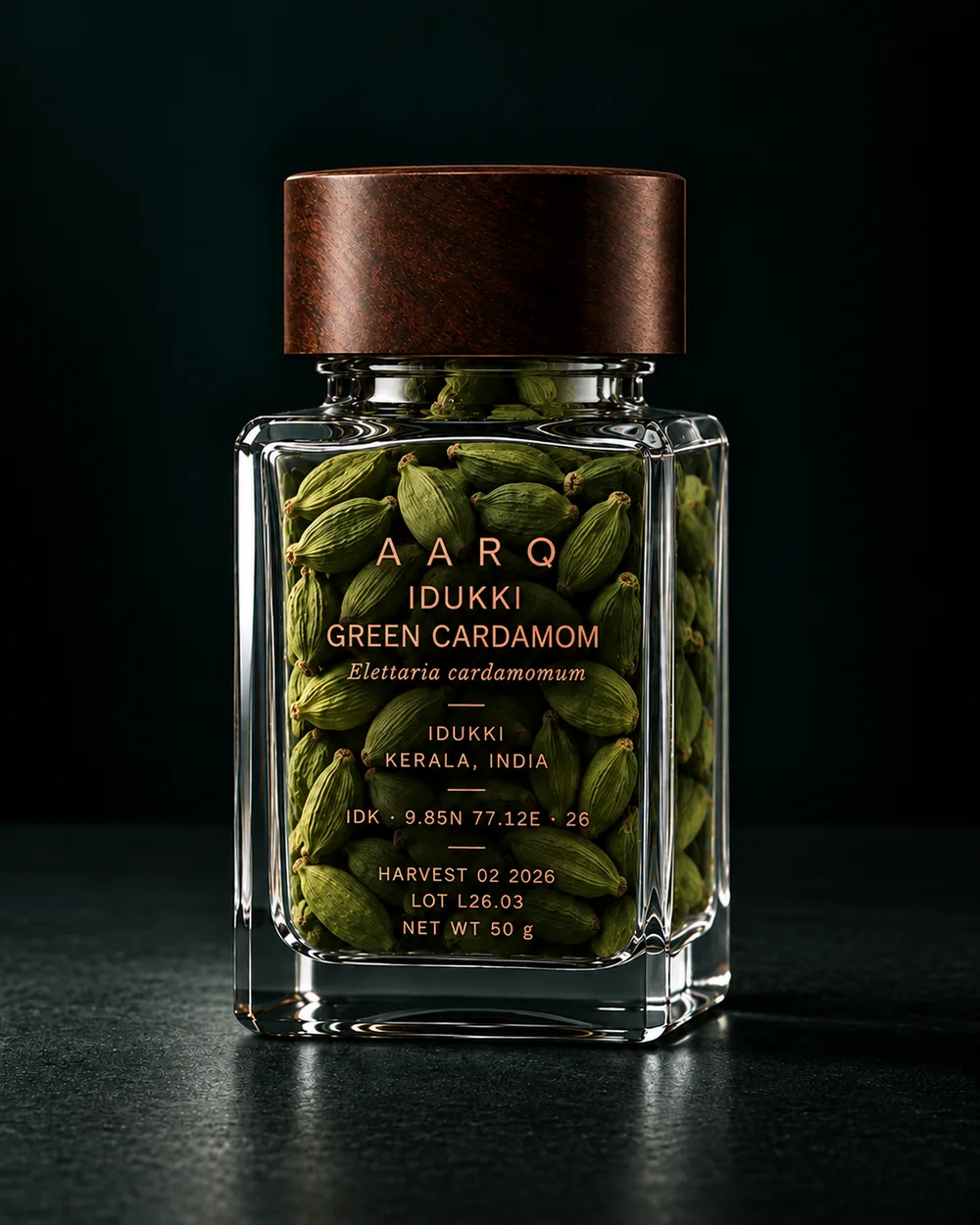 AARQ Idukki Green Cardamom in its glass jar