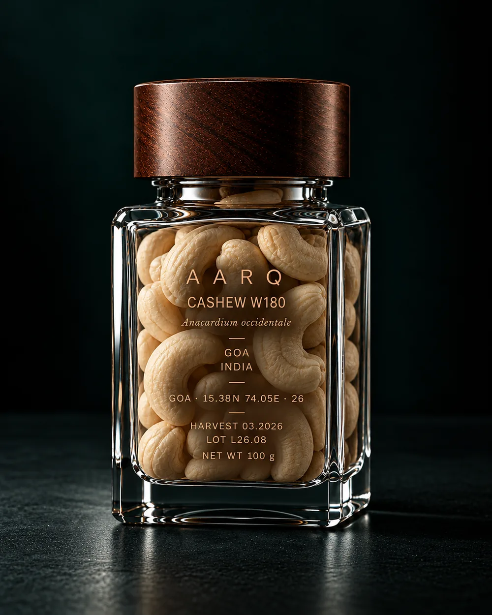 AARQ Cashew W180 in its glass jar