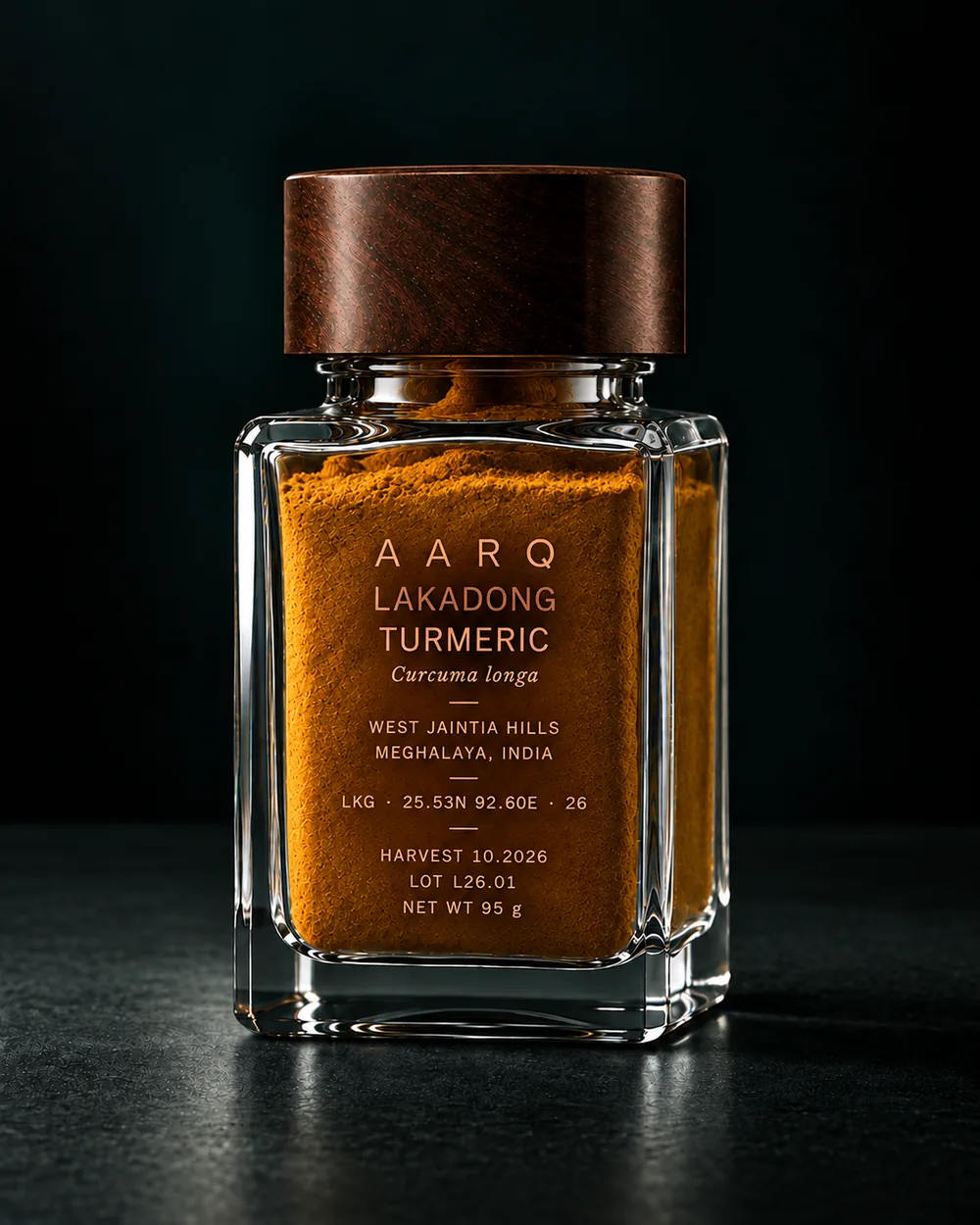 AARQ Lakadong Turmeric in its glass jar