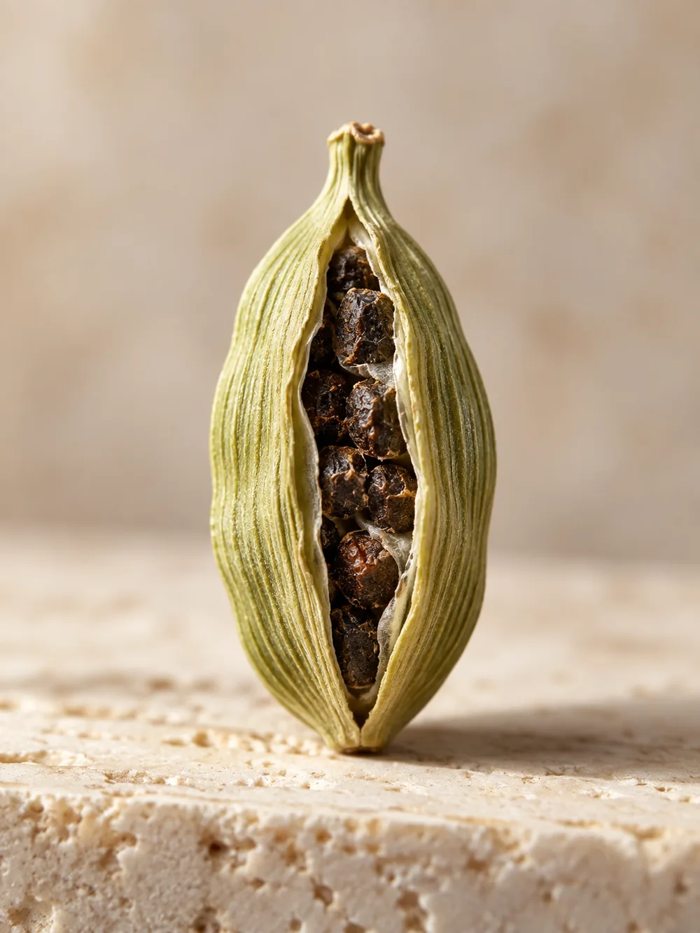 A single cardamom pod, split by hand to show its black seeds