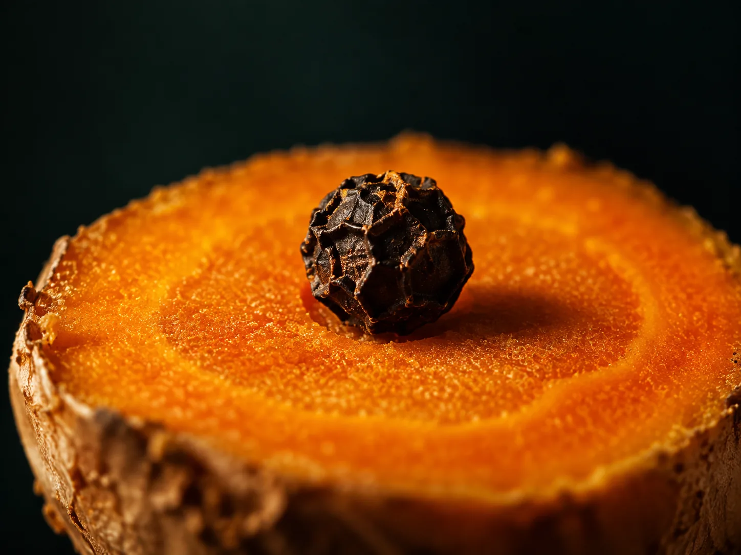 A single black peppercorn resting on a slice of fresh turmeric